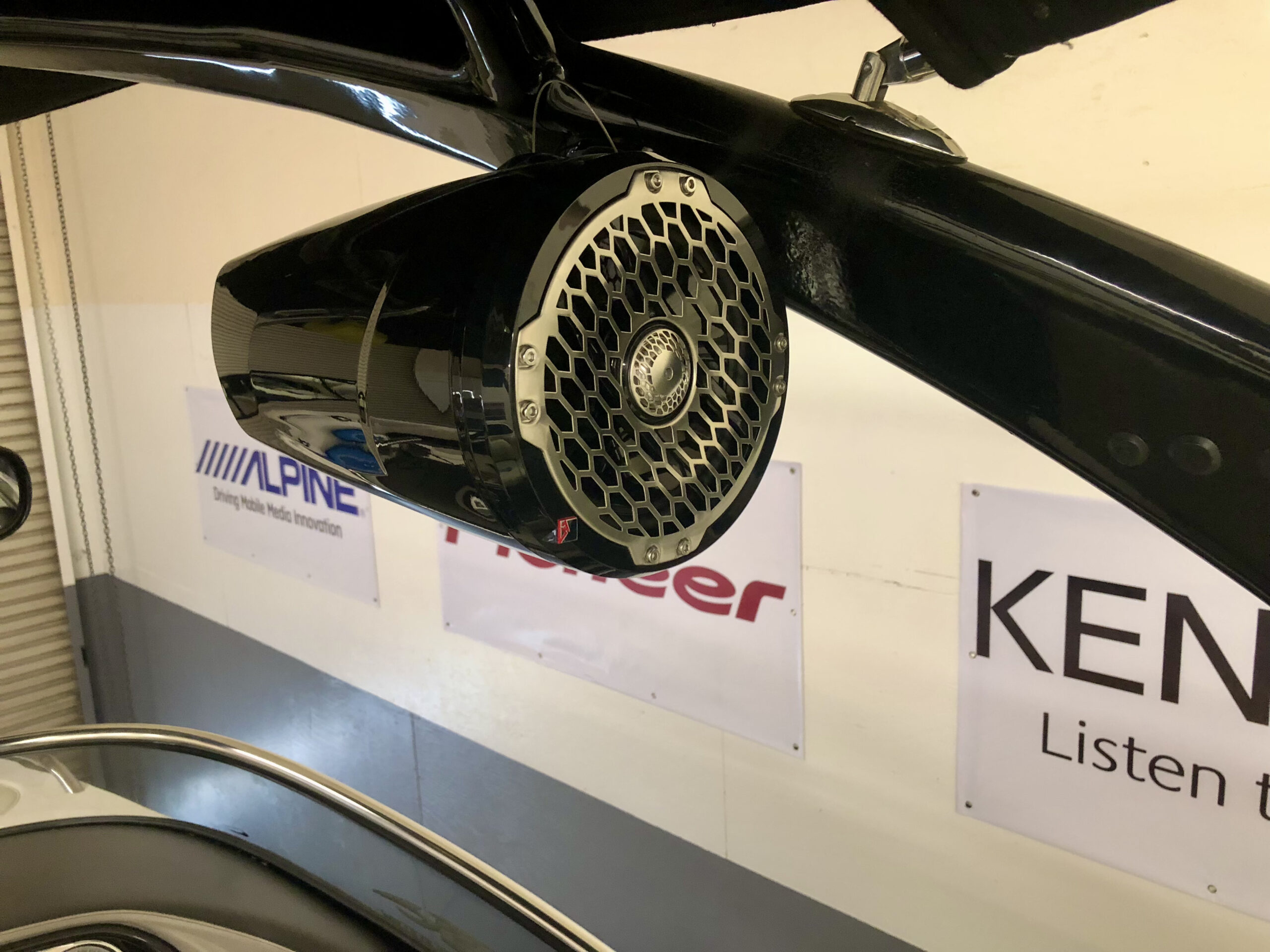 Tower-mounted marine speaker on wakeboard boat installed by GT Car Audio Redding